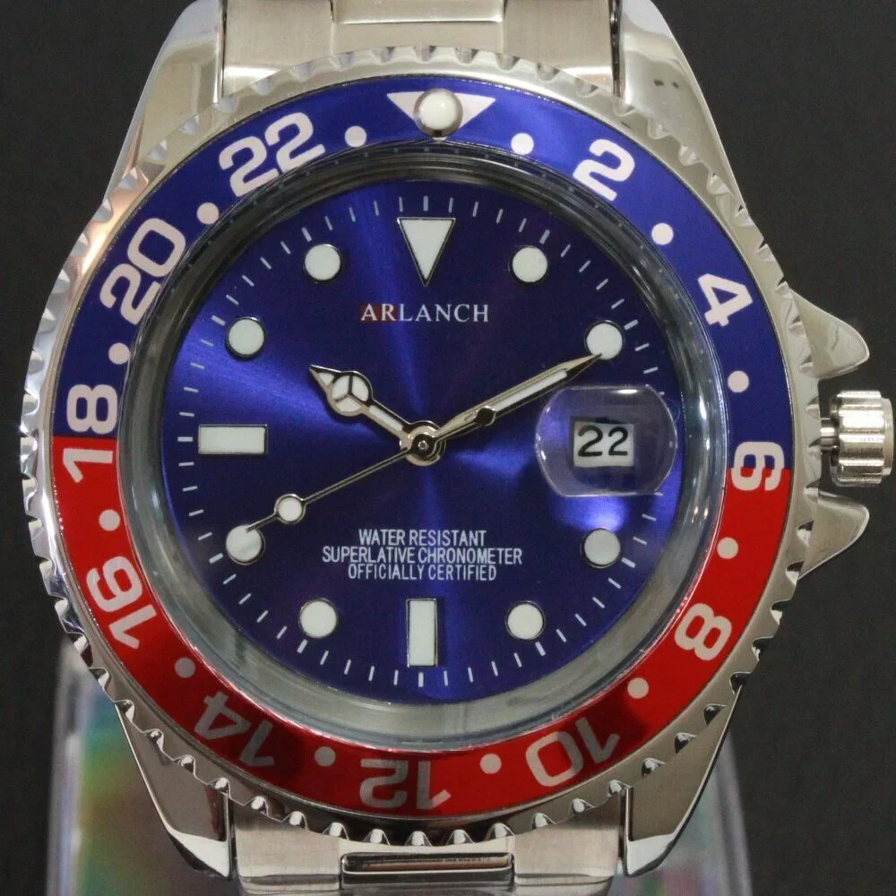 Men's Diver Style Watch Pepsi Bezel Stainless Bracelet 40mm